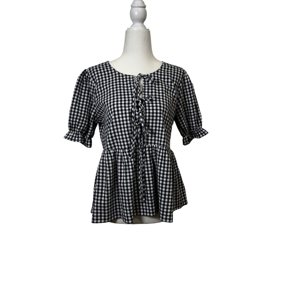 Women's Gingham Peplum Top Tie Front Puff Sleeve Seersucker‎ Cottagecore M